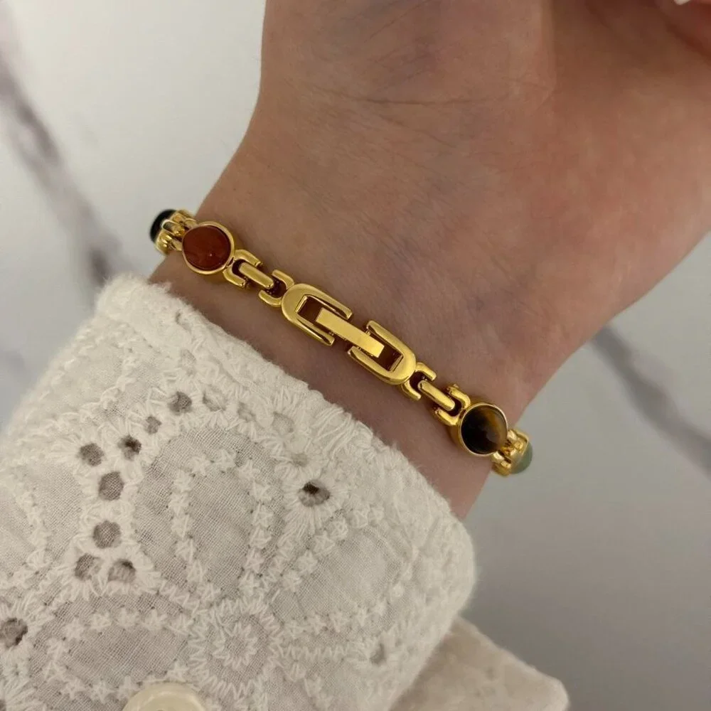 Sku0459 Retro Gold Multicoloured‎ Gemstone Women Watch Bracelet + gift bag